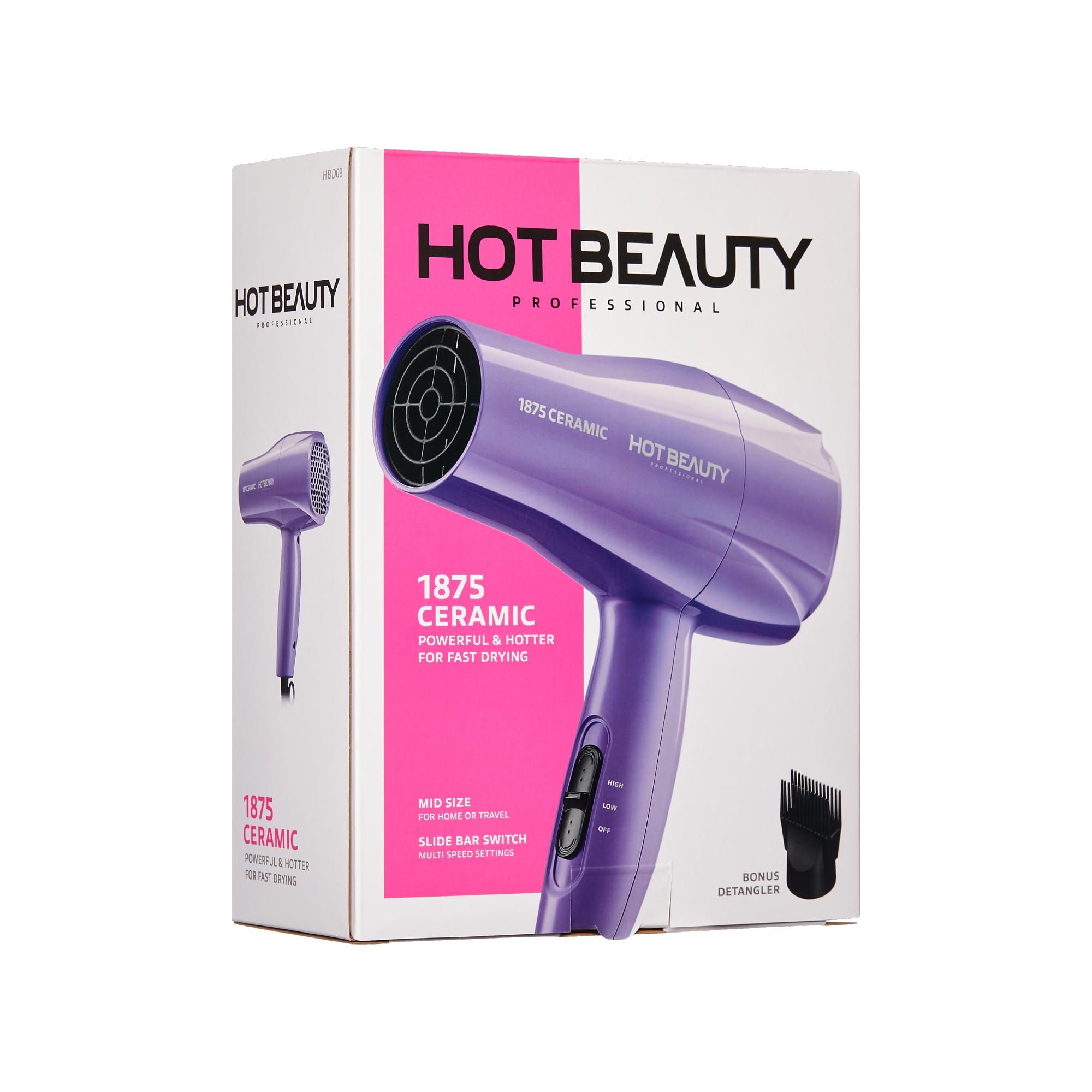 Hot Beauty dryer held in hand to show size and travel-friendly convenience benefit