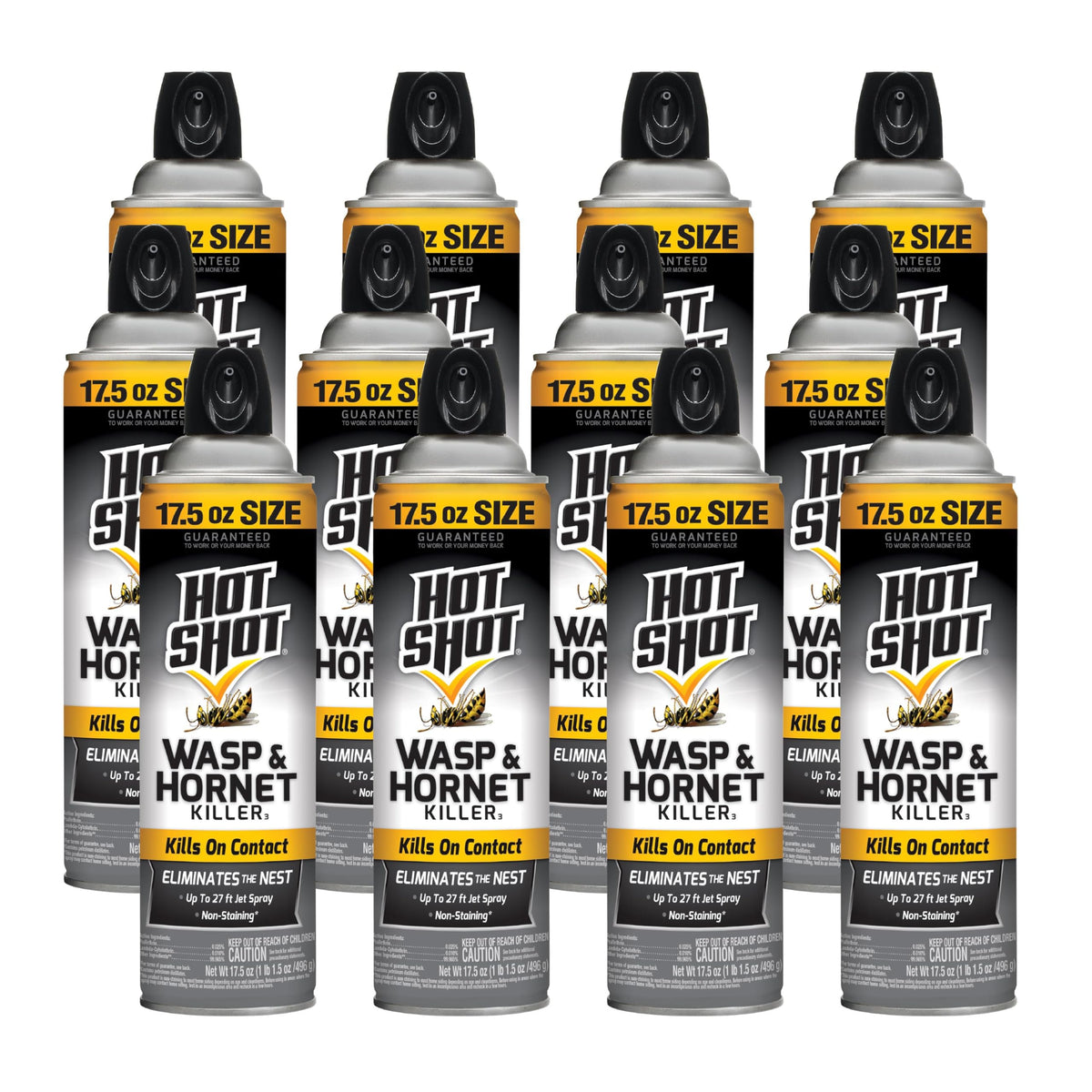 HOT SHOT front can showing 17.5 oz bonus size and long-range spray benefit