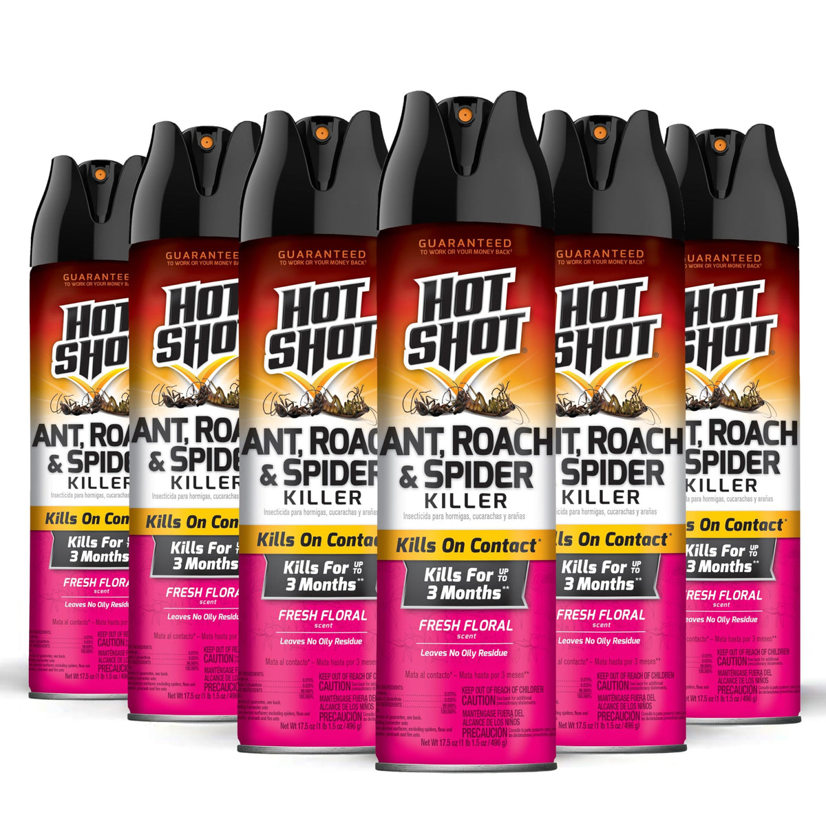 HOT SHOT front packaging showing 17.5 oz can and floral scent benefit