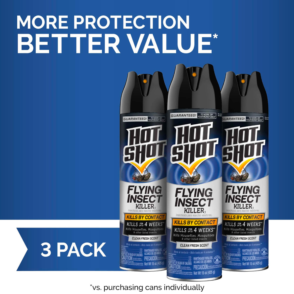 HOT SHOT aerosol can close-up highlighting spray action and quick knockdown