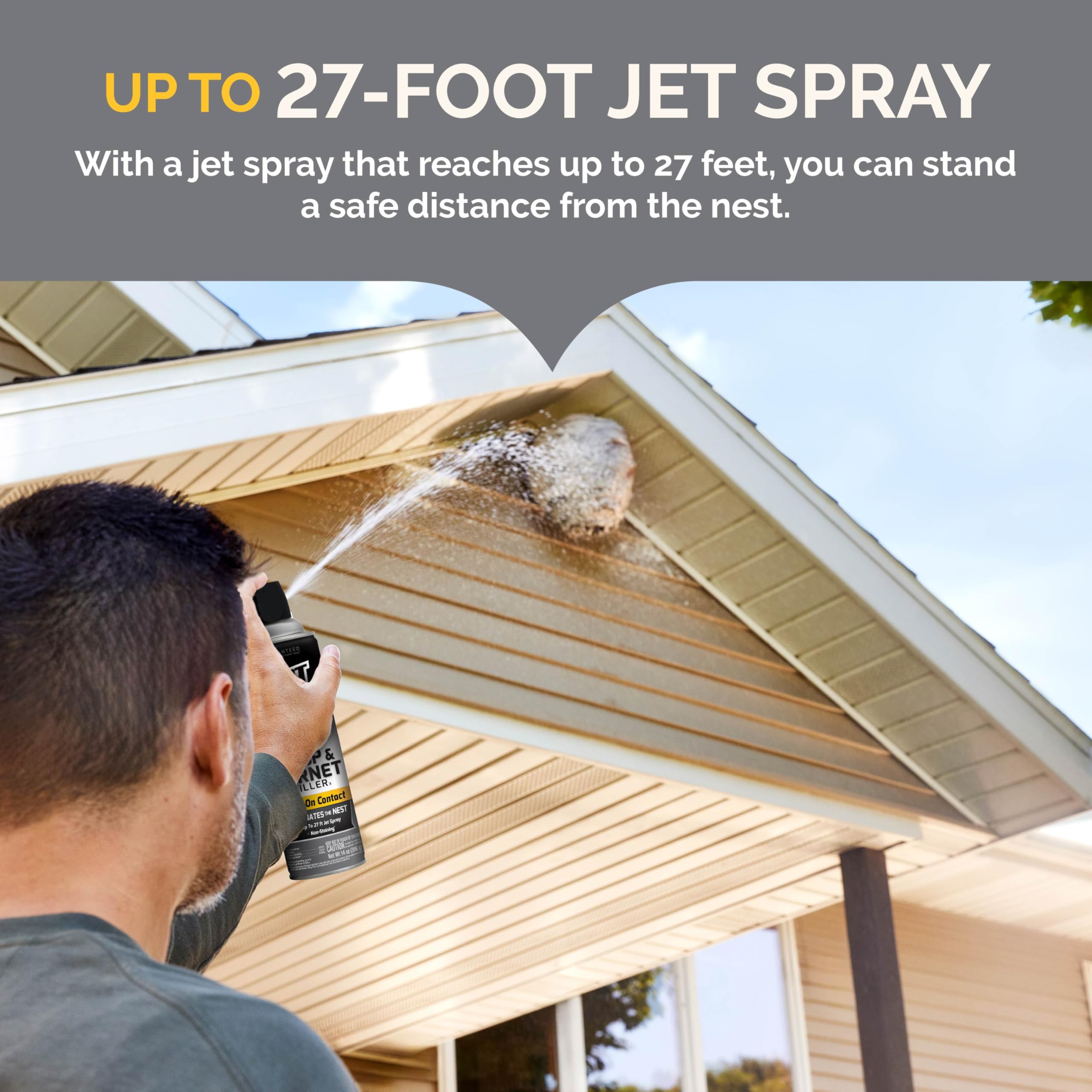 HOT SHOT spraying toward a nest demonstrating up to 27-foot reach for protection