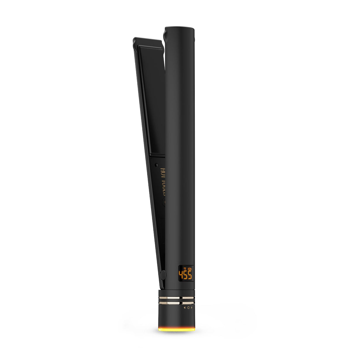 Hot Tools flat iron front view showing sleek black gold finish and professional styling benefit