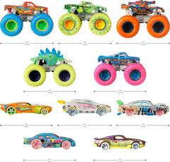Hot Wheels cars and trucks grouped to show variety and play combinations clearly