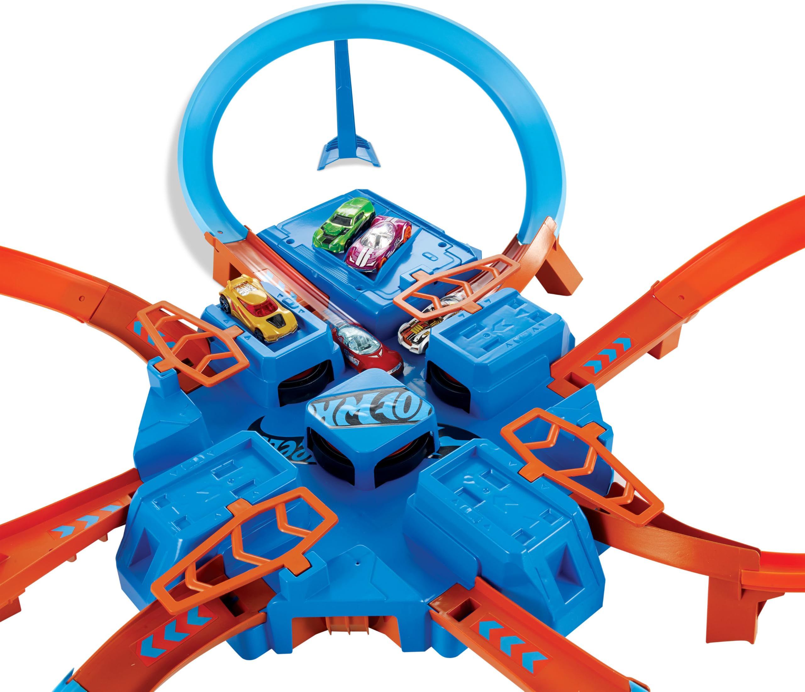 Hot Wheels car feeder ramp closeup showing easy loading and continuous play