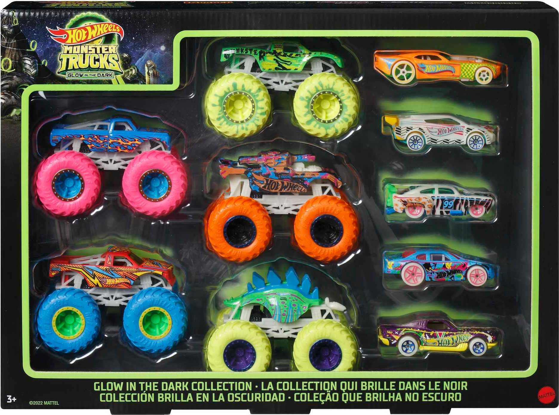 Hot Wheels front packaging showing the 10-pack and glow features for quick gift choice