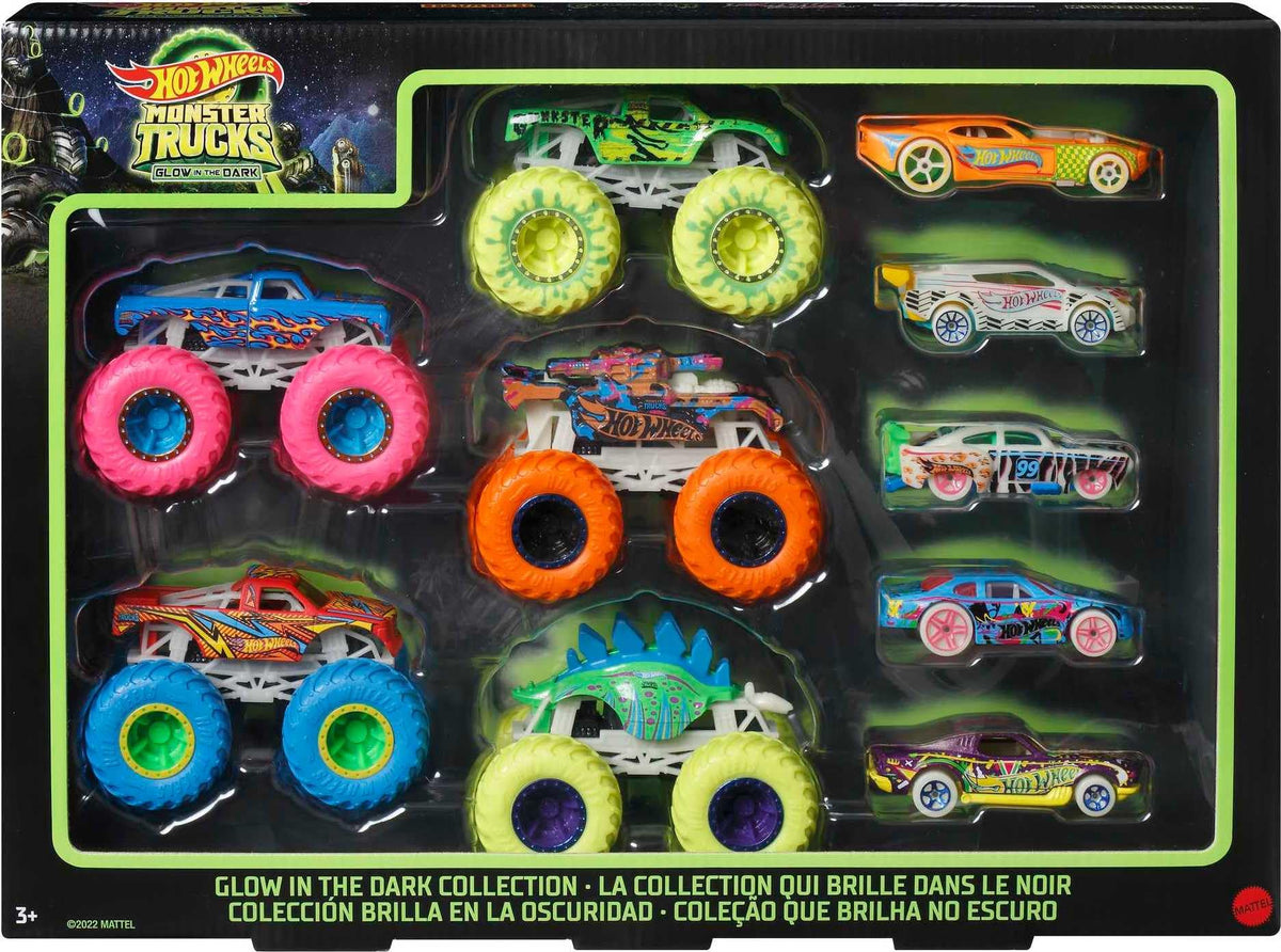 Hot Wheels front packaging showing the 10-pack and glow features for quick gift choice