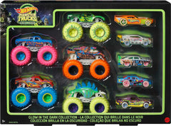 Hot Wheels front packaging showing the 10-pack and glow features for quick gift choice
