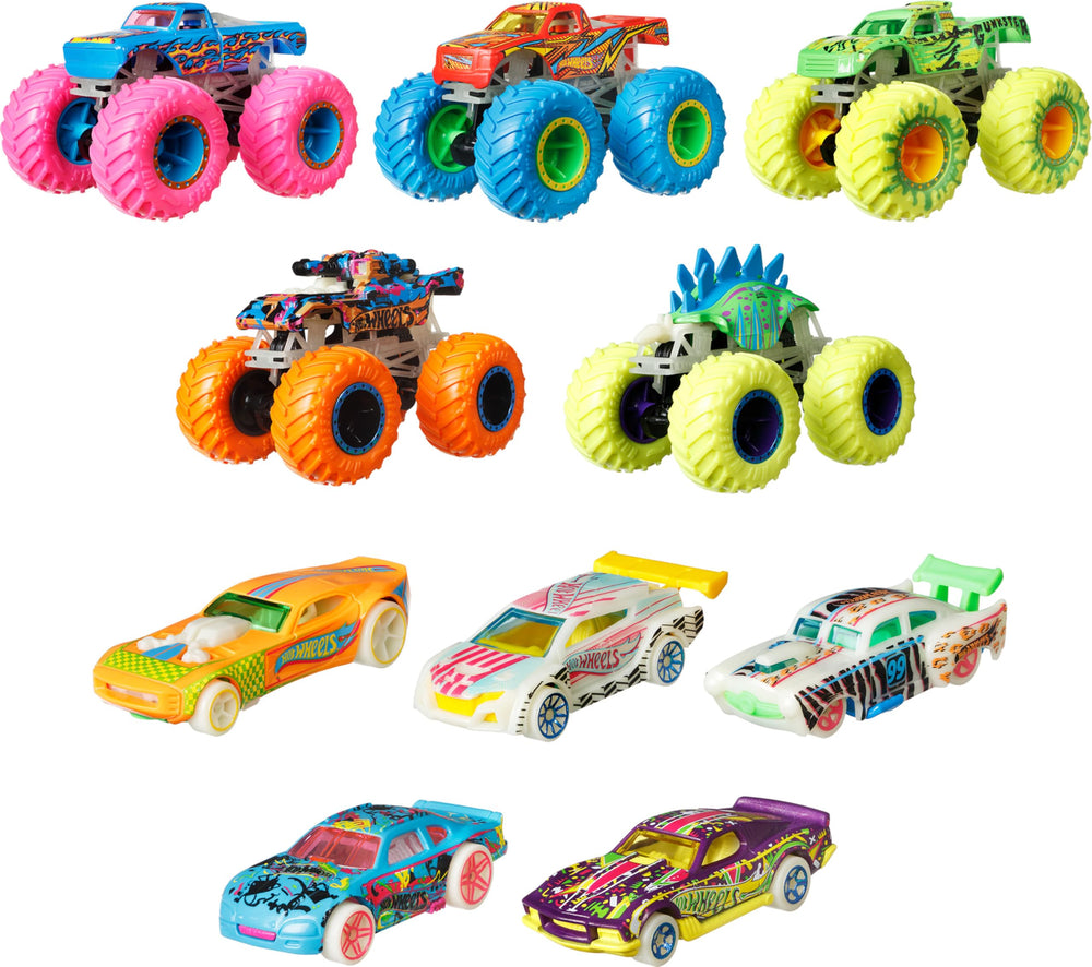 Hot Wheels monster truck close-up glow detailing highlighting nighttime play appeal