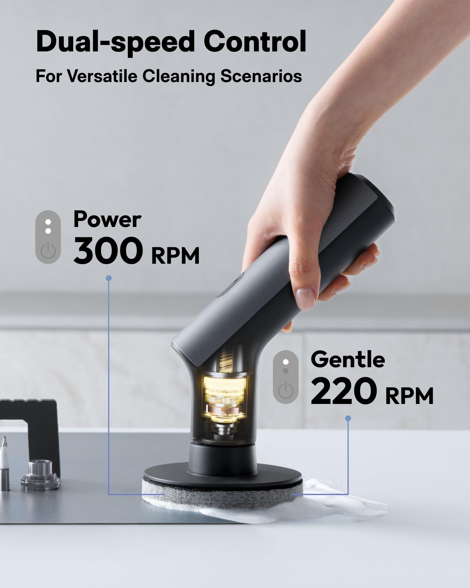 HOTO Swift flat brush head shown cleaning tub surface for broad coverage