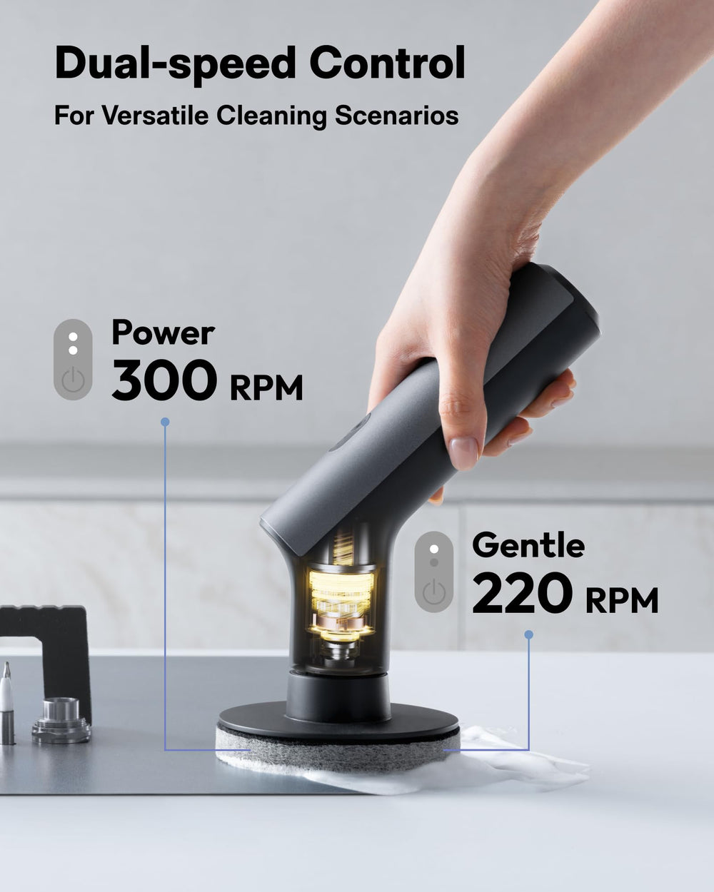 HOTO Swift flat brush head shown cleaning tub surface for broad coverage