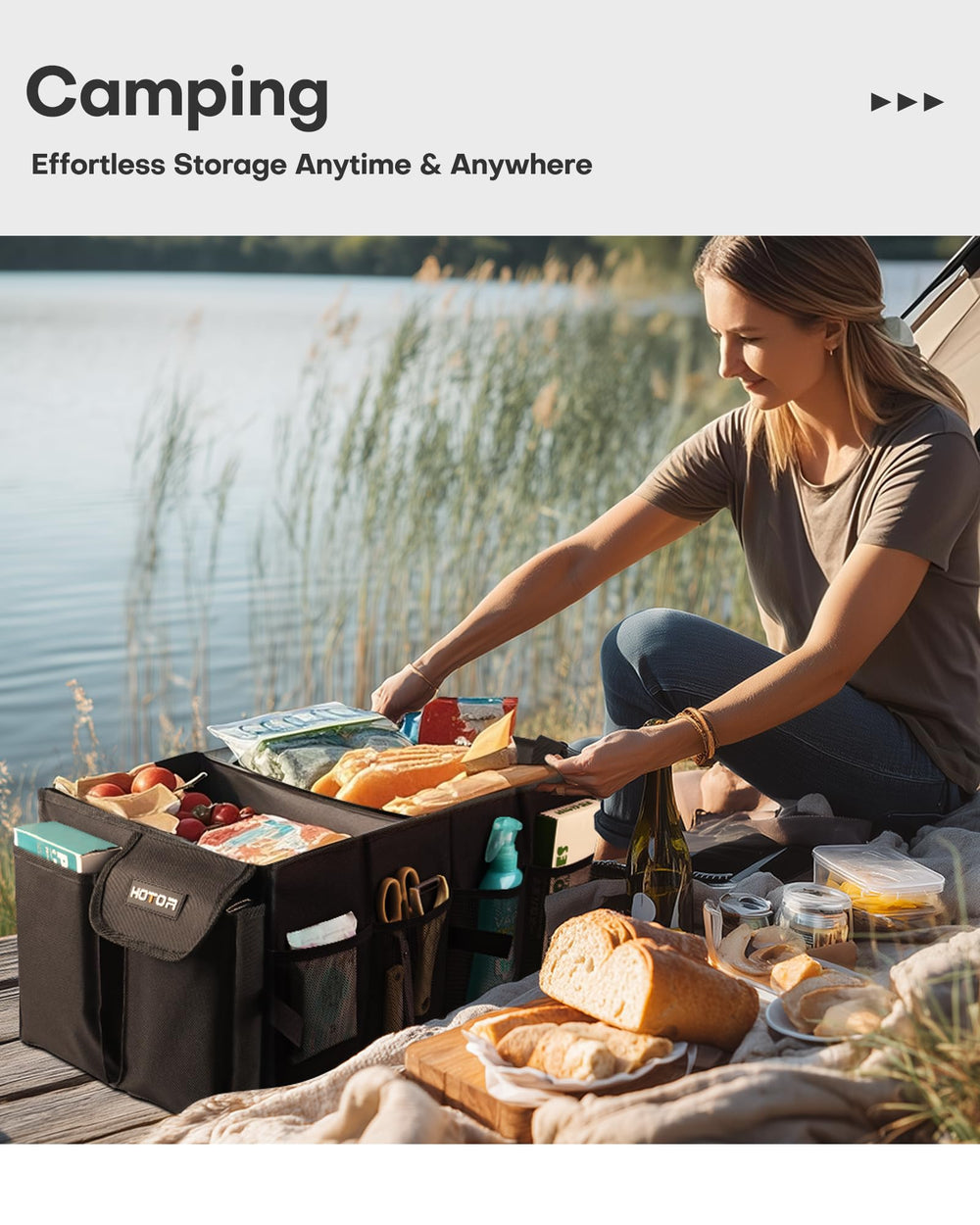 HOTOR on backseat with groceries showing secure transport and convenience