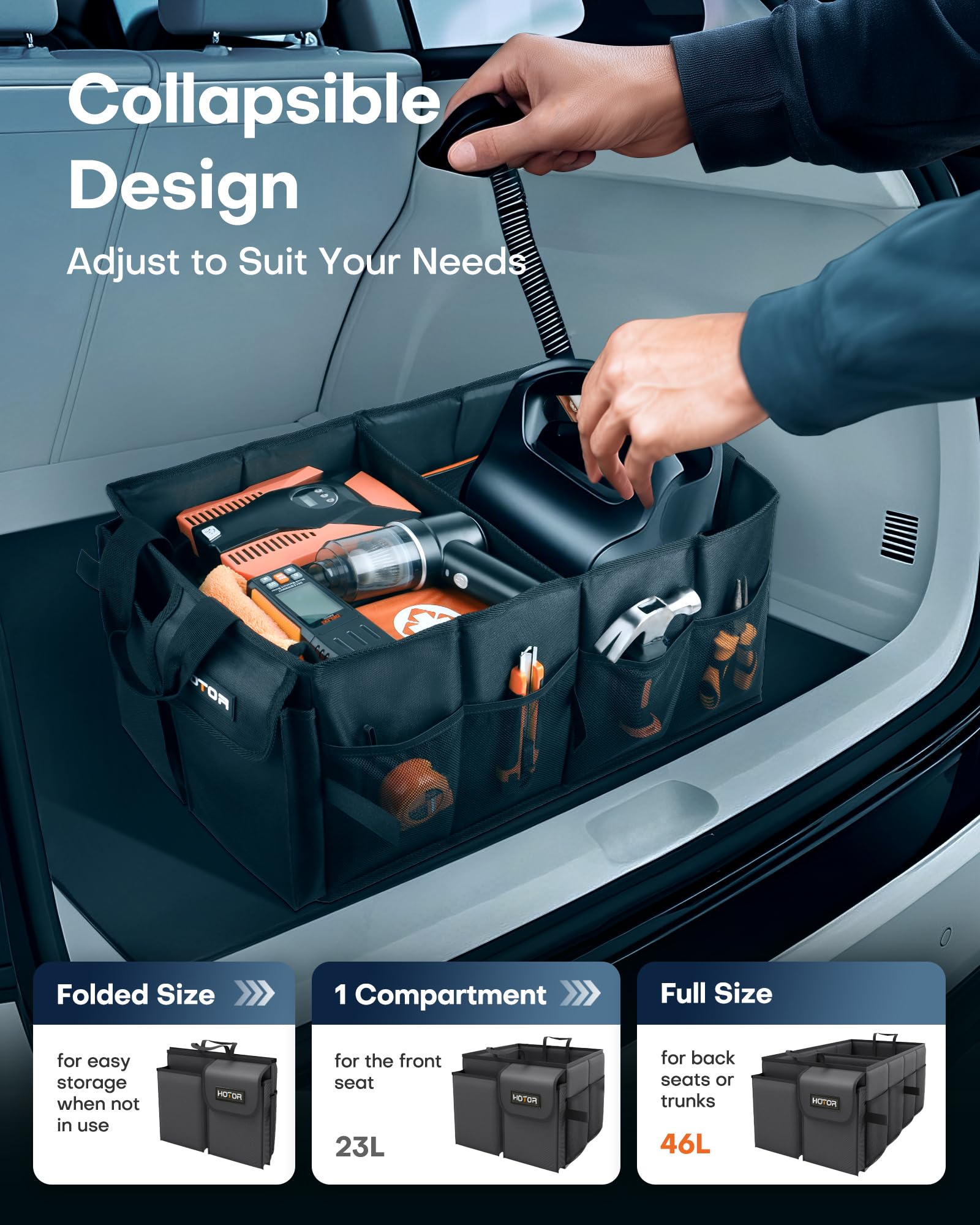 HOTOR folded flat to demonstrate compact, space-saving storage
