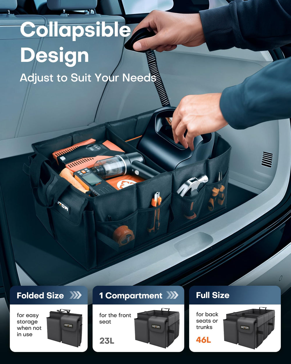 HOTOR folded flat to demonstrate compact, space-saving storage