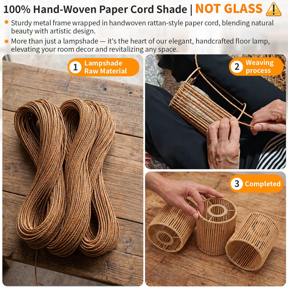 Hotsonic close-up of hand-braided paper cord shade texture, highlights warm diffusion benefit