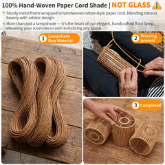 Hotsonic close-up of hand-braided paper cord shade texture, highlights warm diffusion benefit
