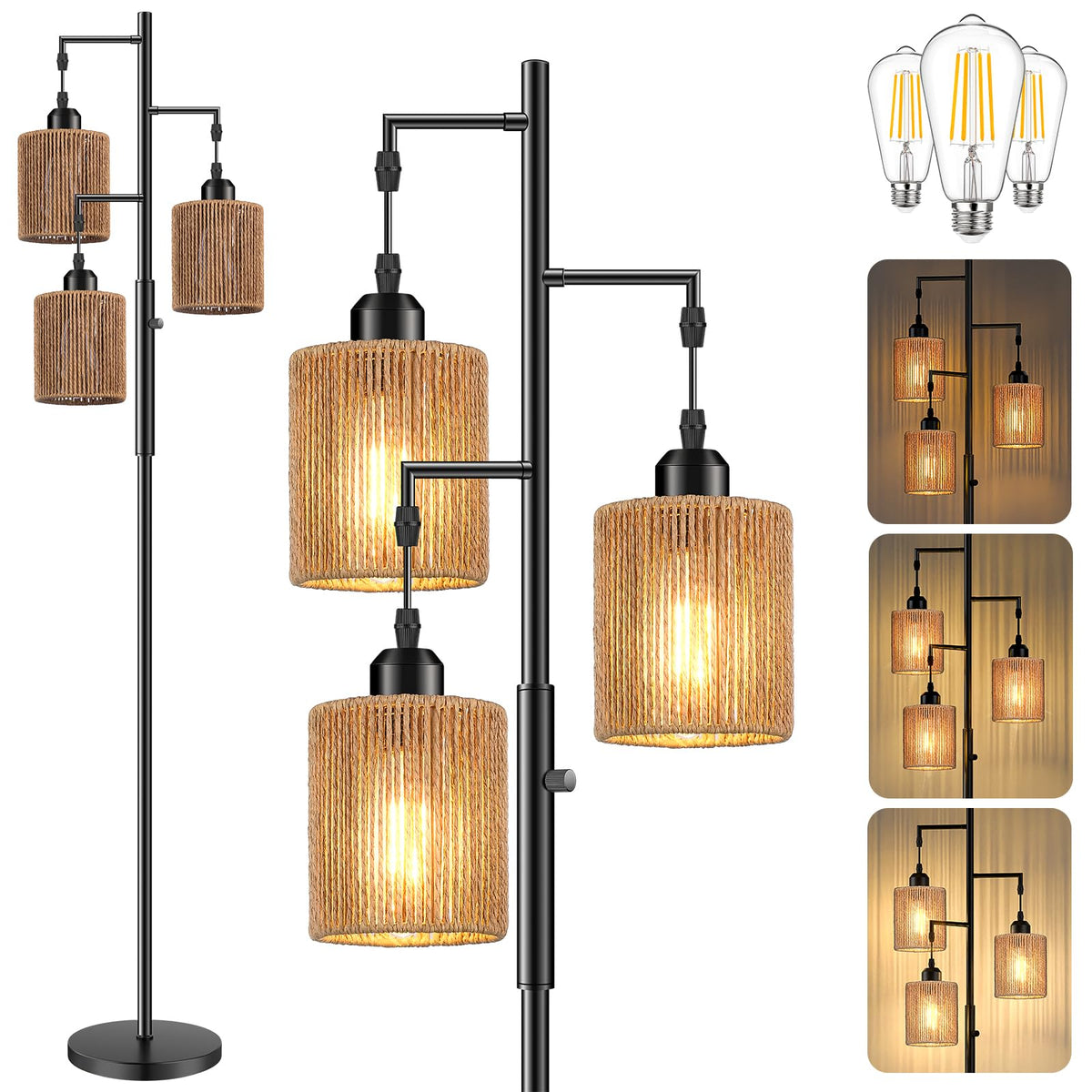 Hotsonic front view of full 72-inch lamp showing three woven shades and black stem, enhances decor