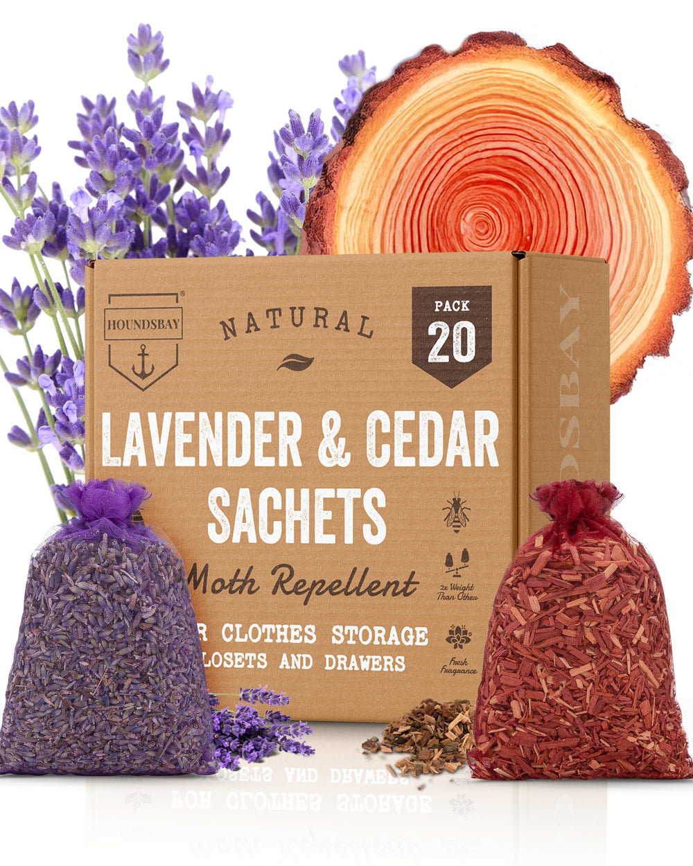 HOUNDSBAY front packaging showing cedar and lavender sachets and benefits