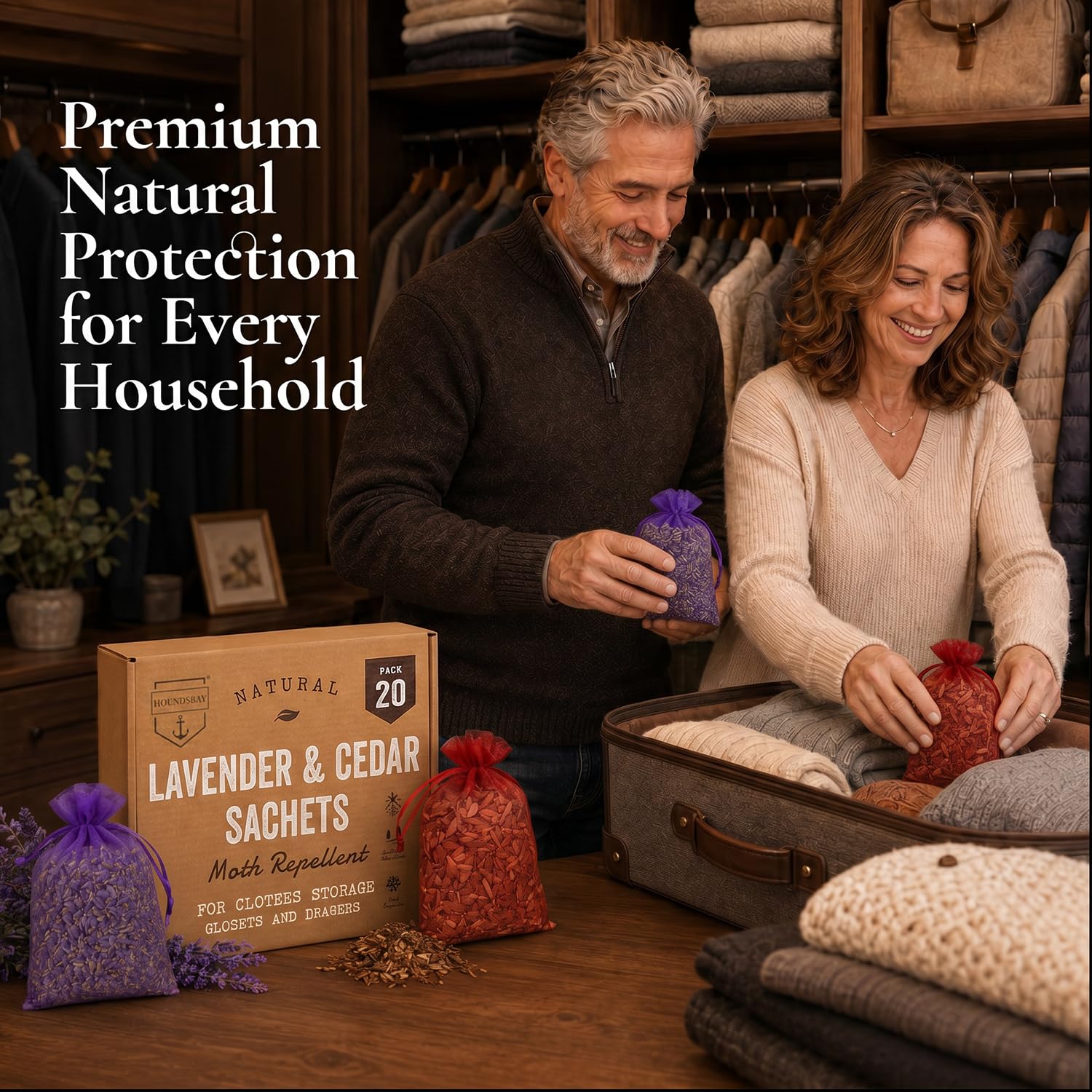 HOUNDSBAY lifestyle closet wide shot showing organized garments and scent benefits