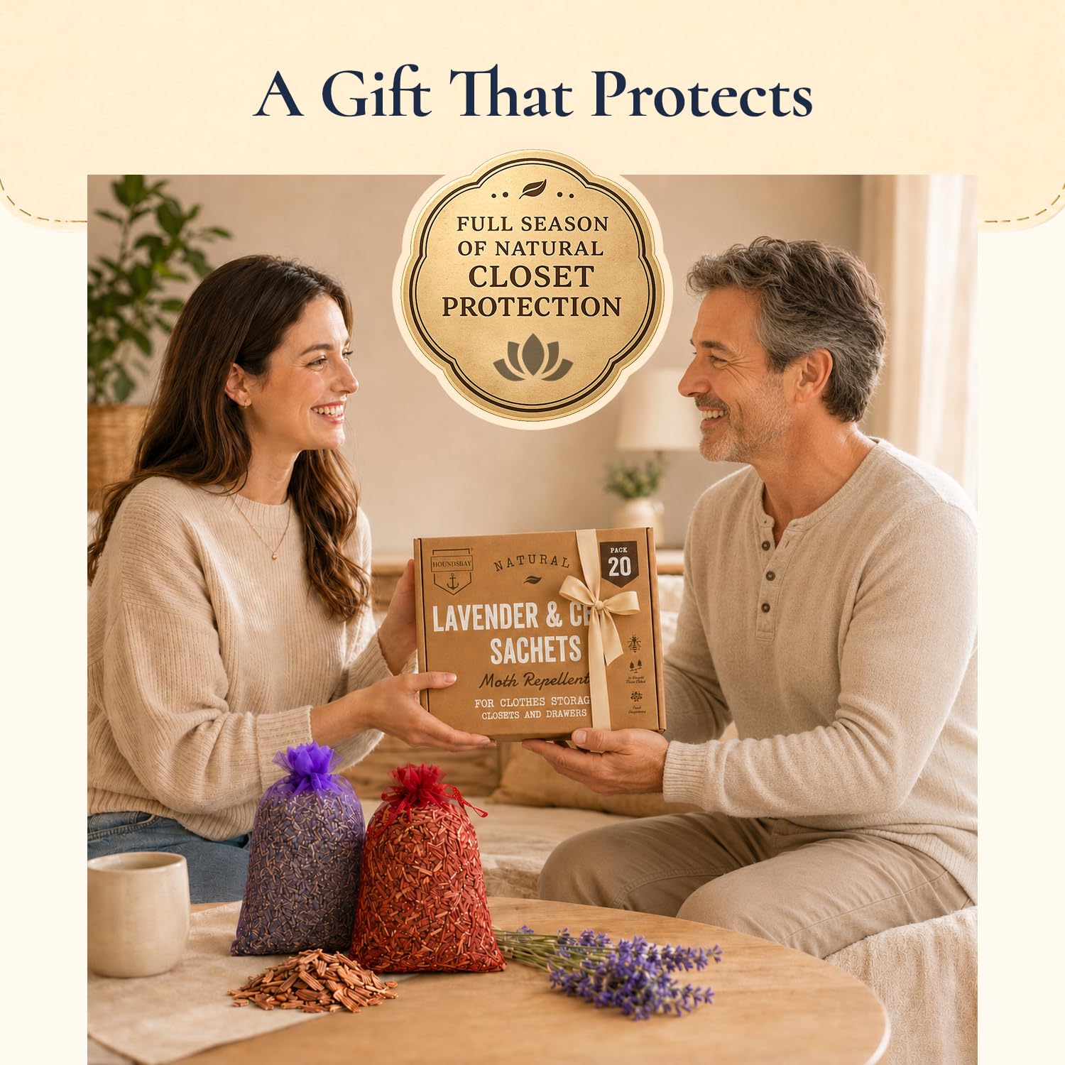 HOUNDSBAY sachets placed in a suitcase to keep clothes fresh while traveling