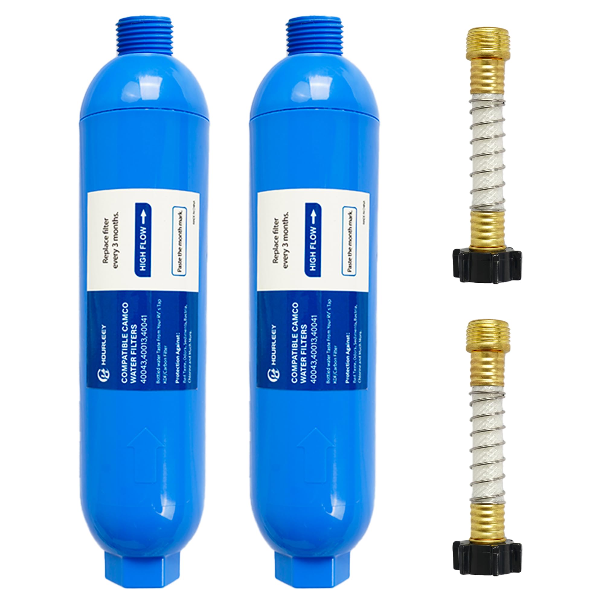 Hourleey front view of inline filter pack shows compact housing and labeling for cleaner water