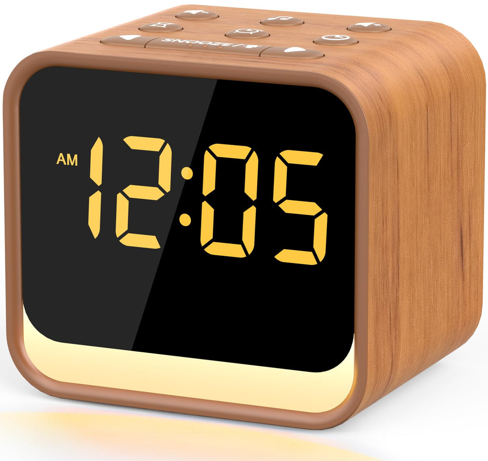HOUSBAY front view showing compact alarm clock and wood finish, calming bedside appearance
