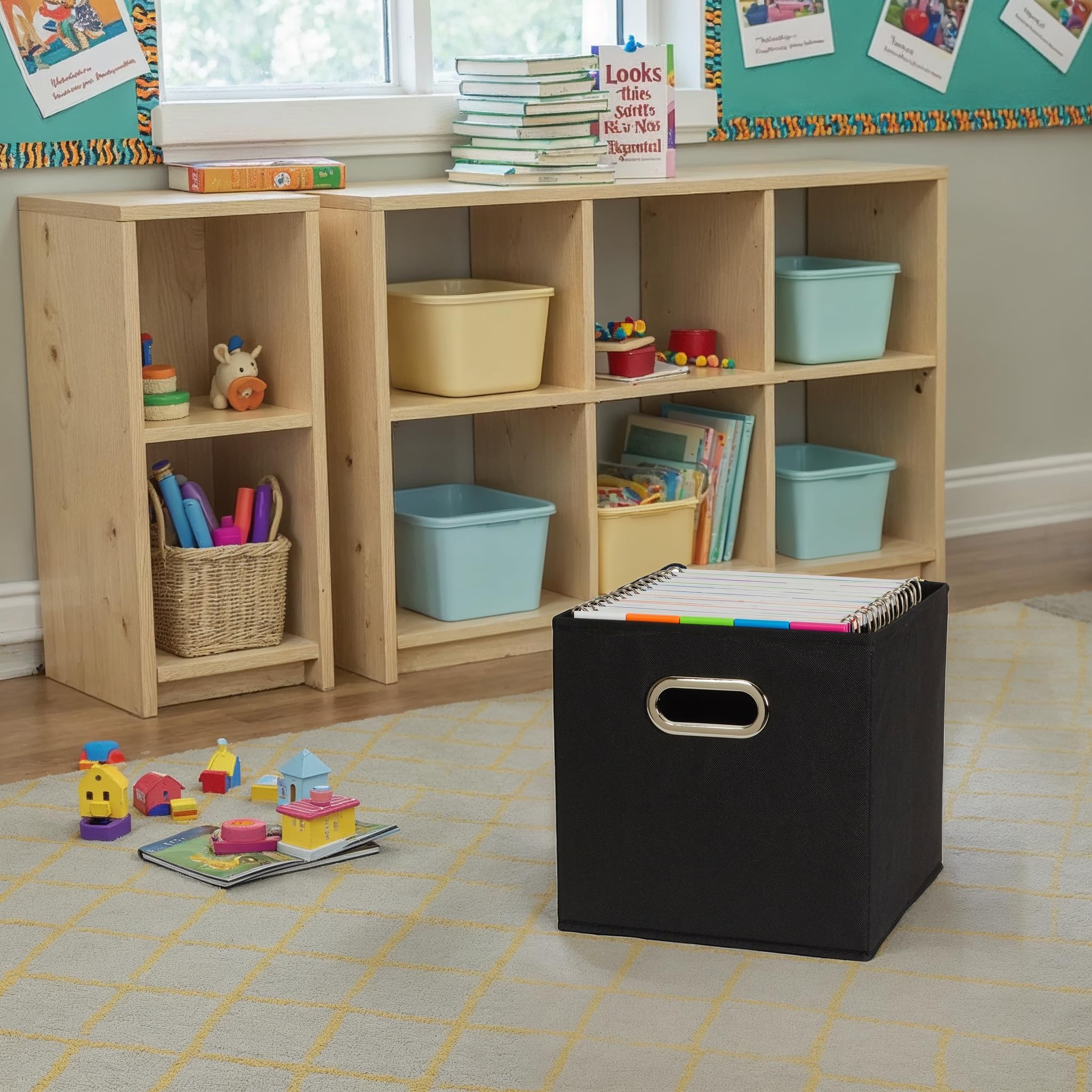 Household Essentials folded flat bins illustrating compact off-season storage