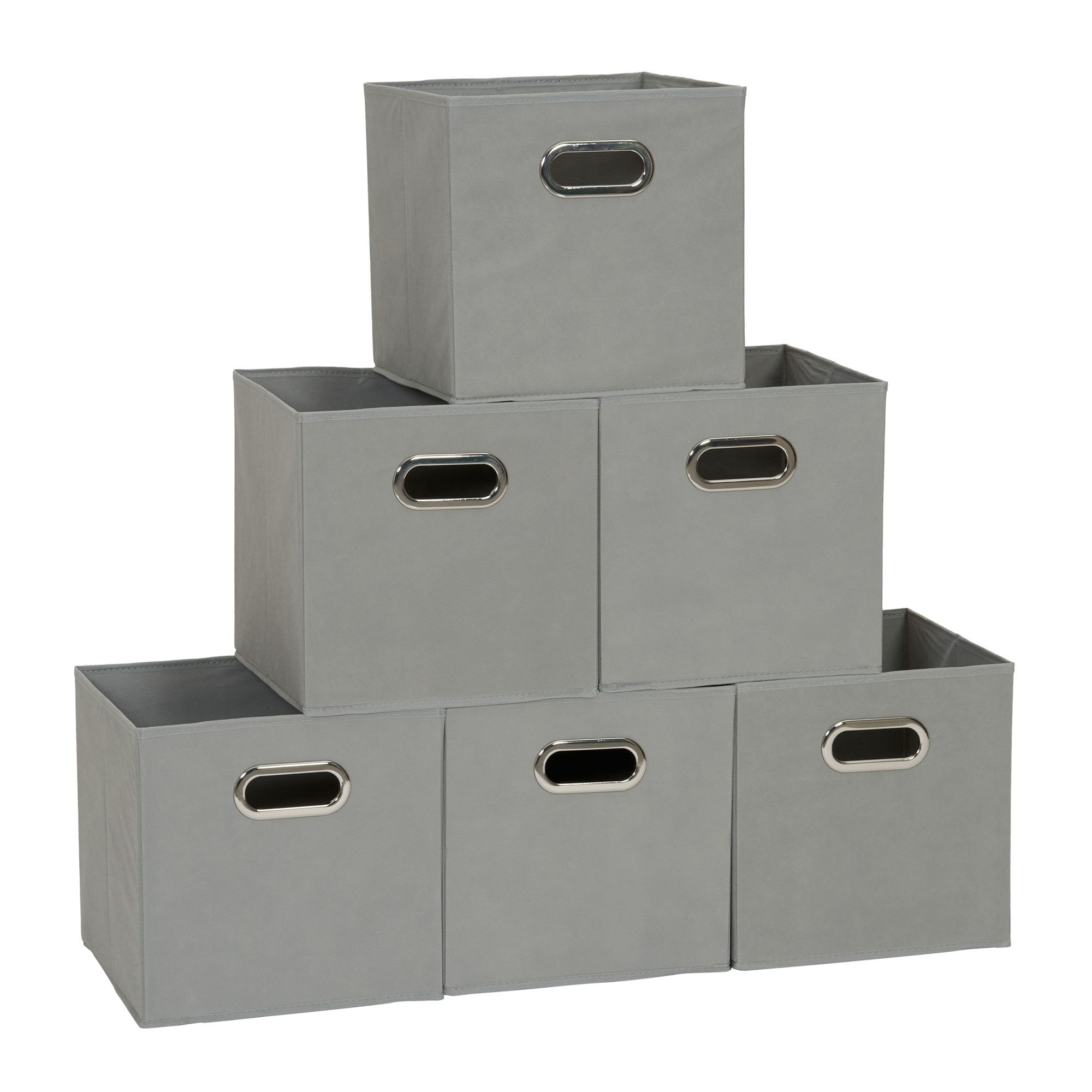 Household Essentials front view of six dove gray bins neatly arranged, tidy storage benefit