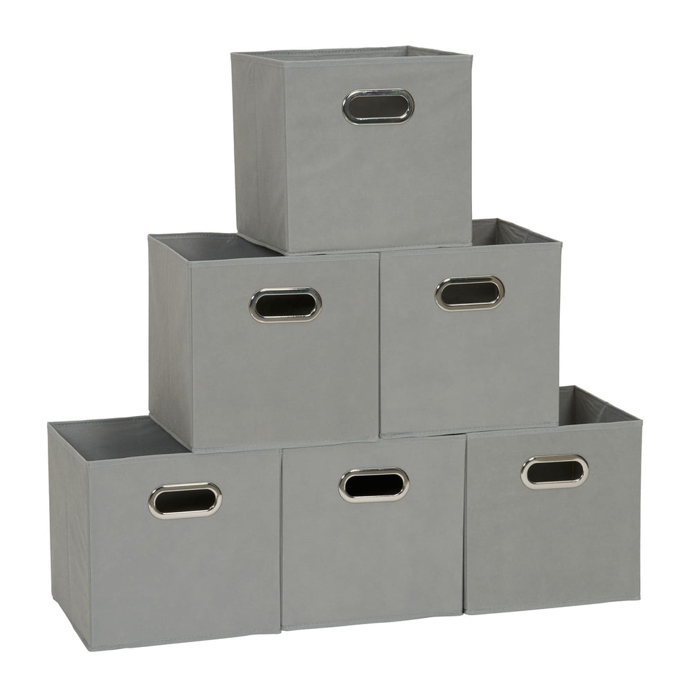 Household Essentials front view of six dove gray bins neatly arranged, tidy storage benefit