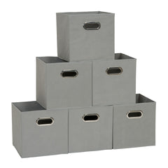 Household Essentials front view of six dove gray bins neatly arranged, tidy storage benefit