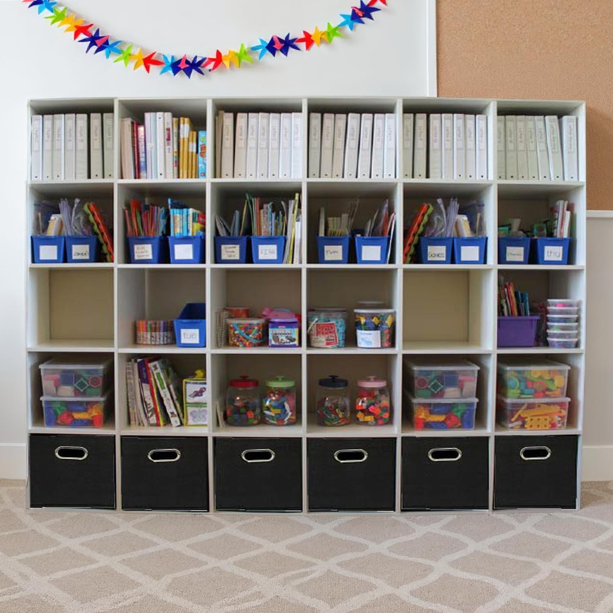 Household Essentials bins in living room showing tidy, coordinated decor