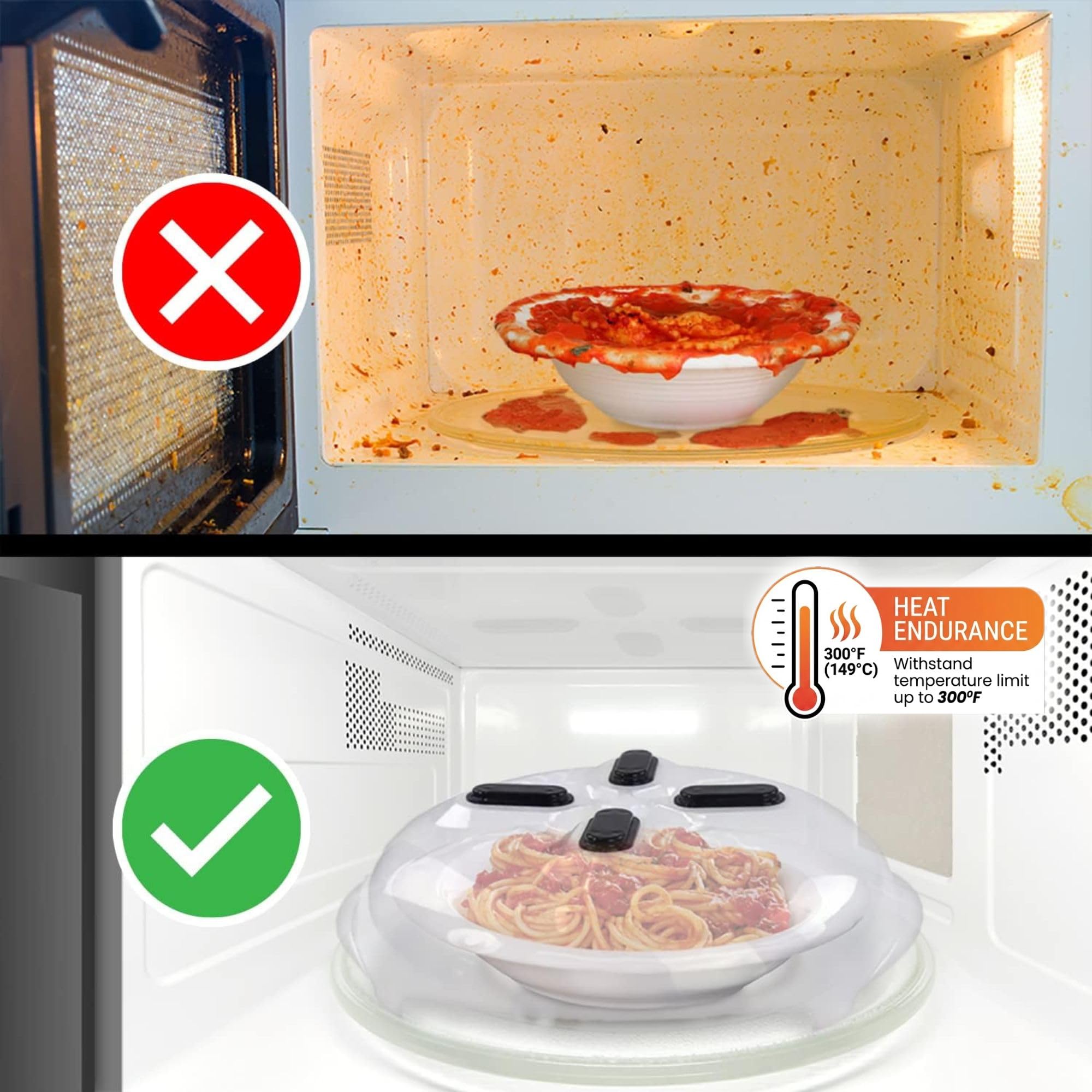 HOVER COVER in use reheating pasta to prevent splatters and reduce cleanup benefit