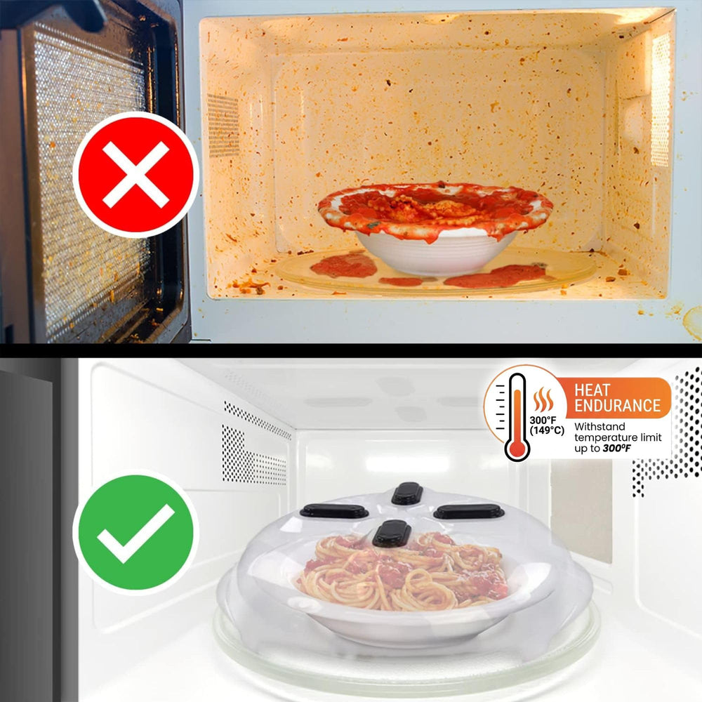 HOVER COVER in use reheating pasta to prevent splatters and reduce cleanup benefit
