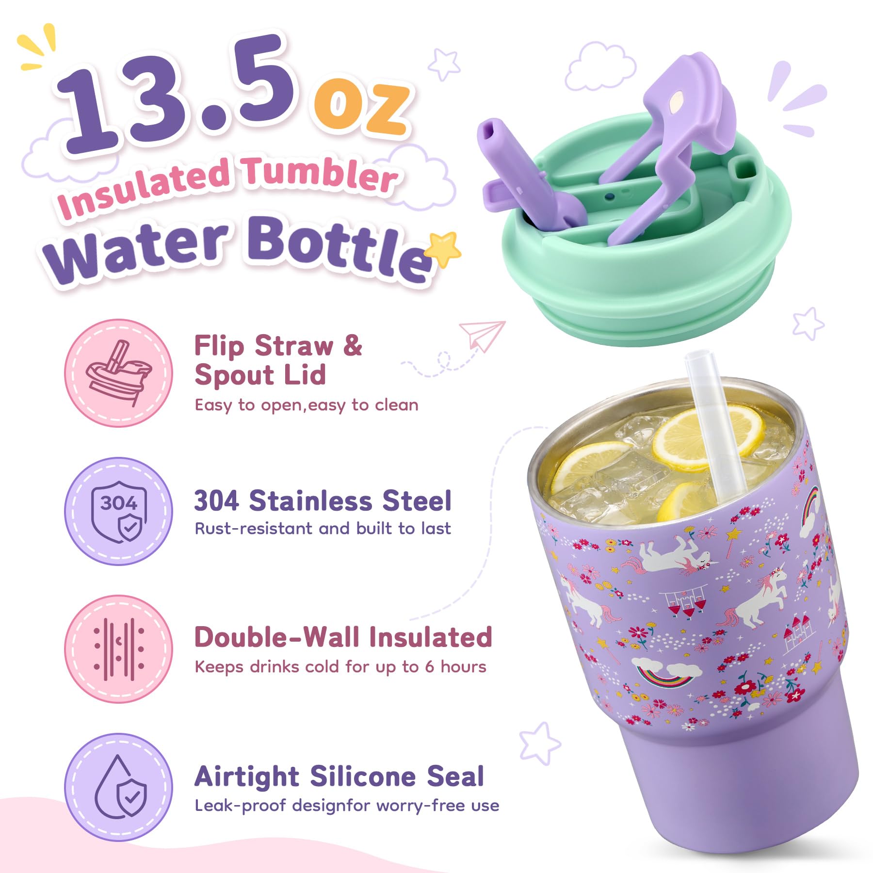 Howeemo 13.5oz insulated tumbler with dual spout showing spill-proof drinking benefit