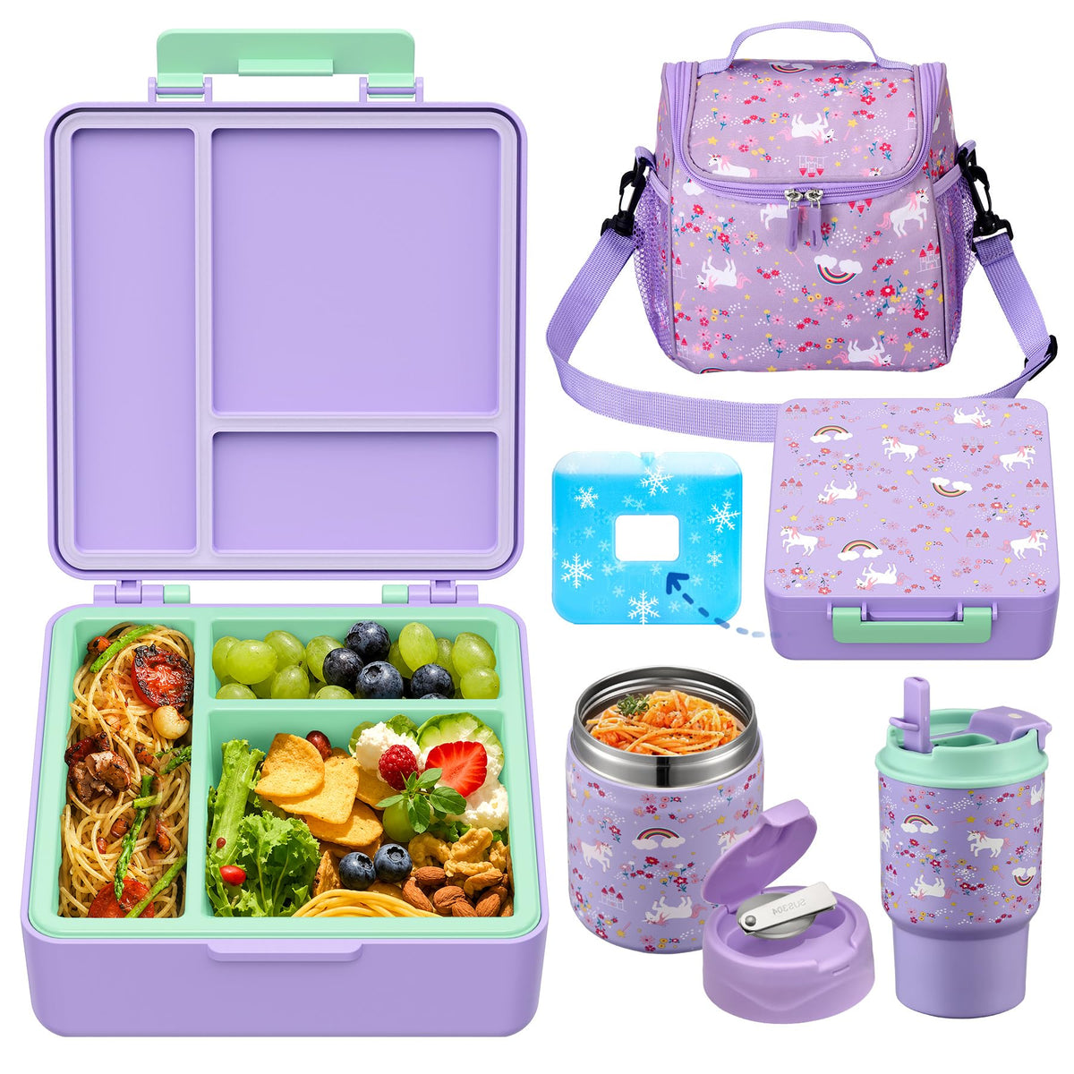 Howeemo front view of full bento lunch set showing contents and bag benefit organization