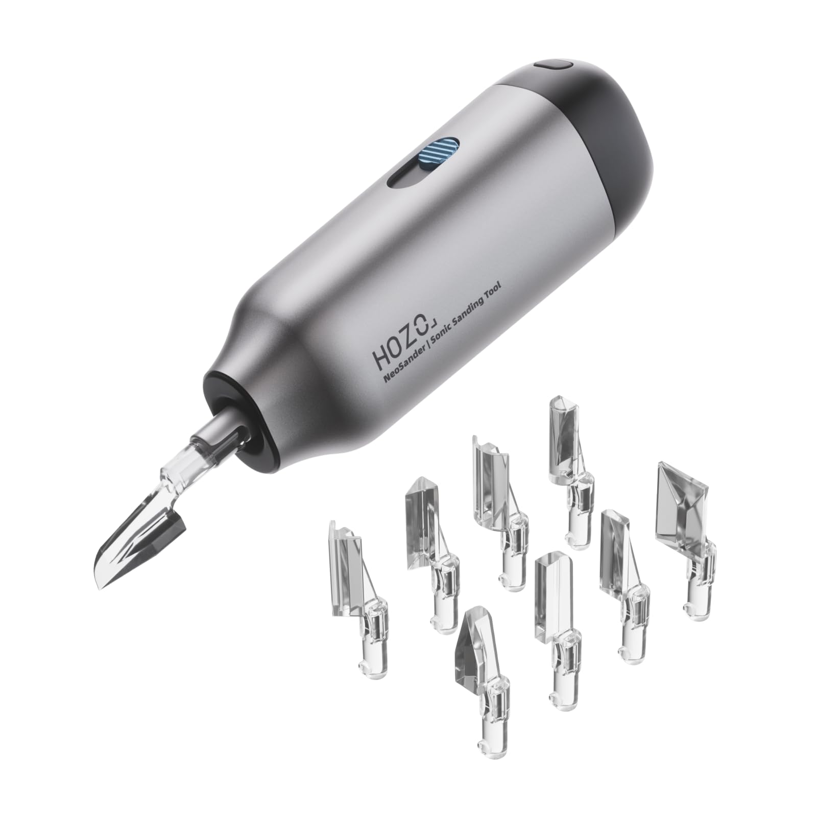 HOZO NeoSander front view showing compact aluminium body and controls, for precision