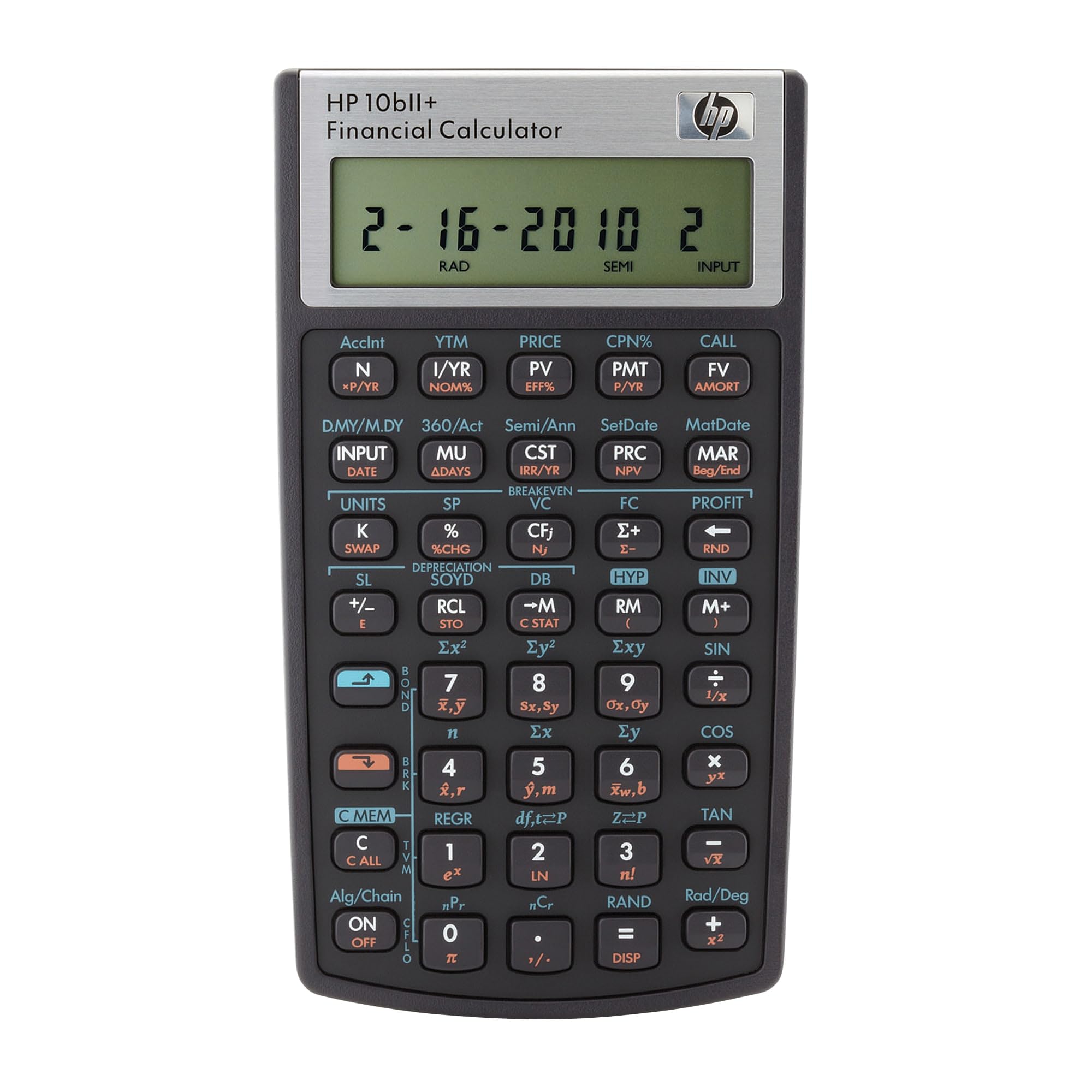 HP 10bII+ front view showing display and compact case for reliable calculations