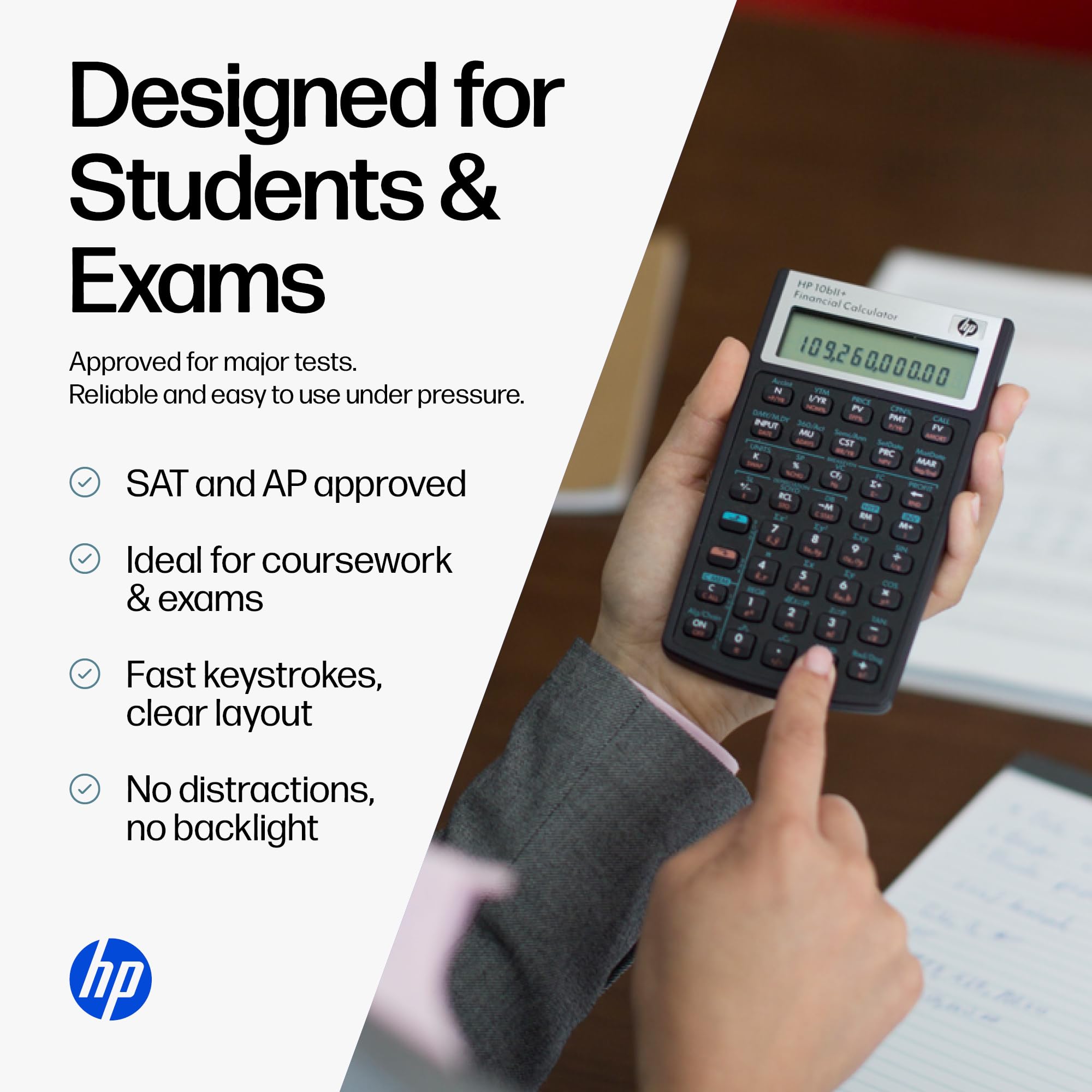 HP 10bII+ next to a pen showing size and pocket-friendly scale