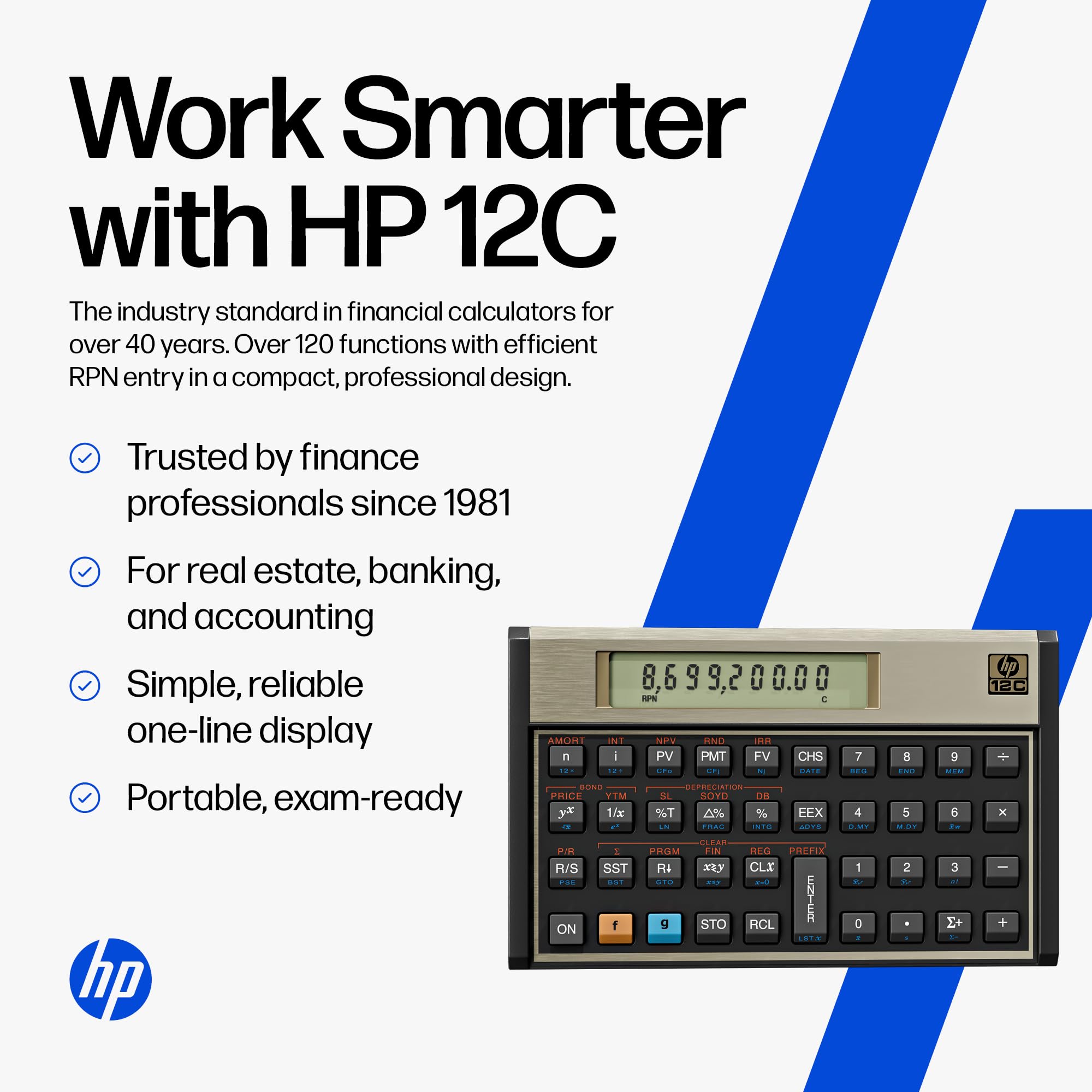 HP 12C keypad close-up highlighting tactile keys for faster data entry