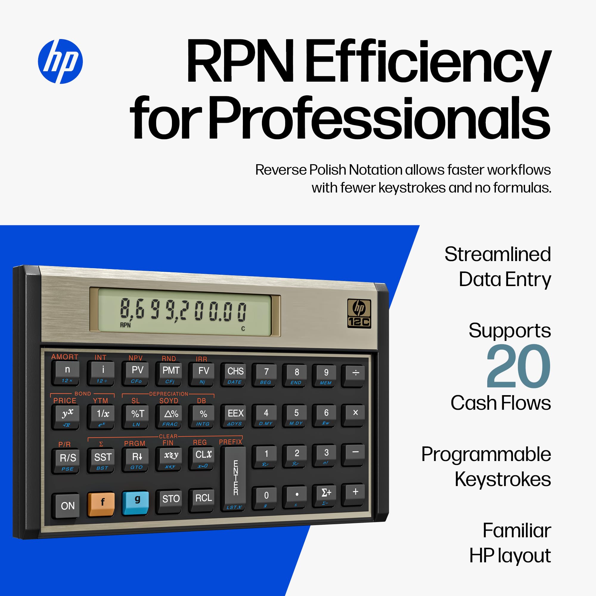 HP 12C side profile showing slim form factor for easy transport