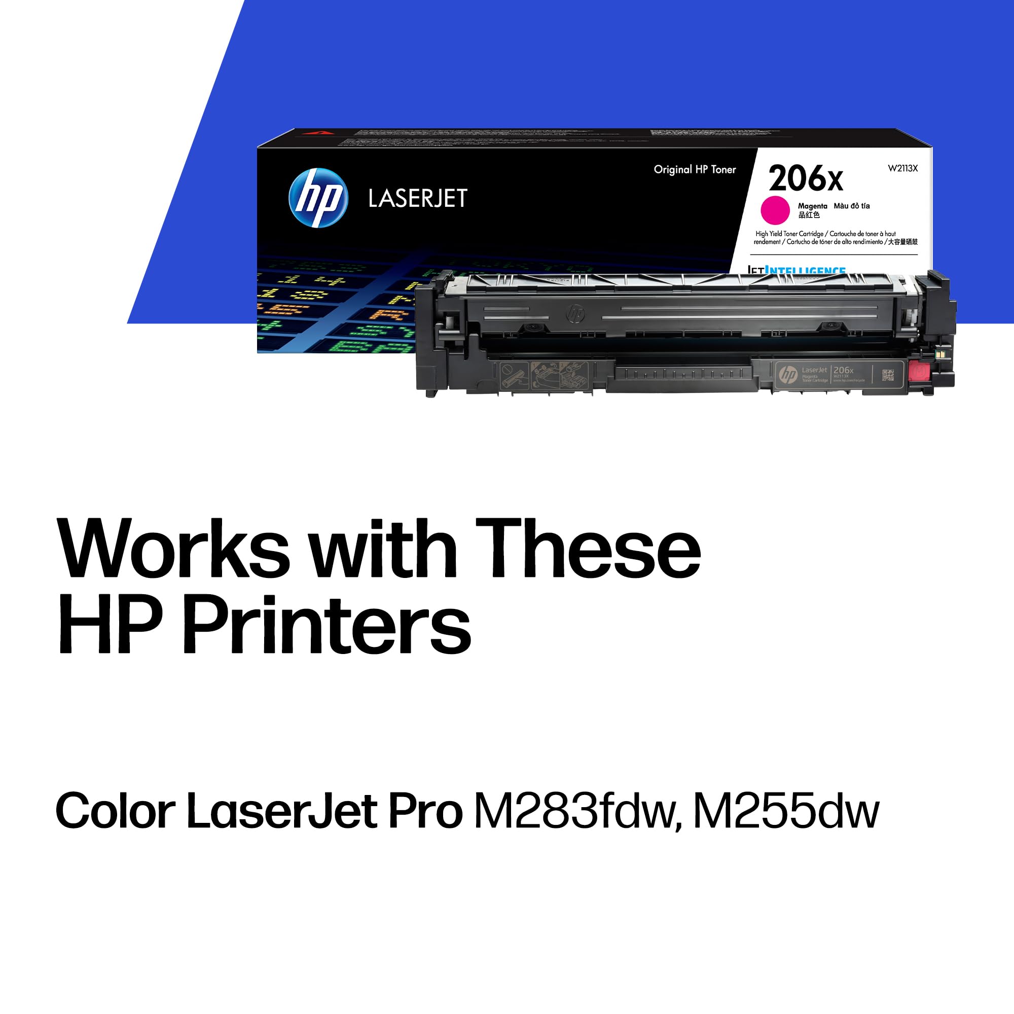 HP 206X magenta box label highlighting model W2113X and compatibility benefits