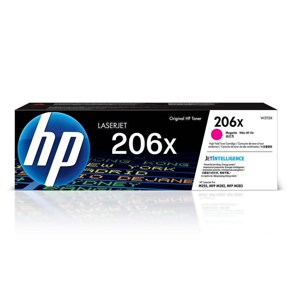 HP 206X magenta front packaging showing cartridge and reliable color