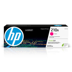 HP 210A magenta front packaging showing cartridge and model compatibility for reliability