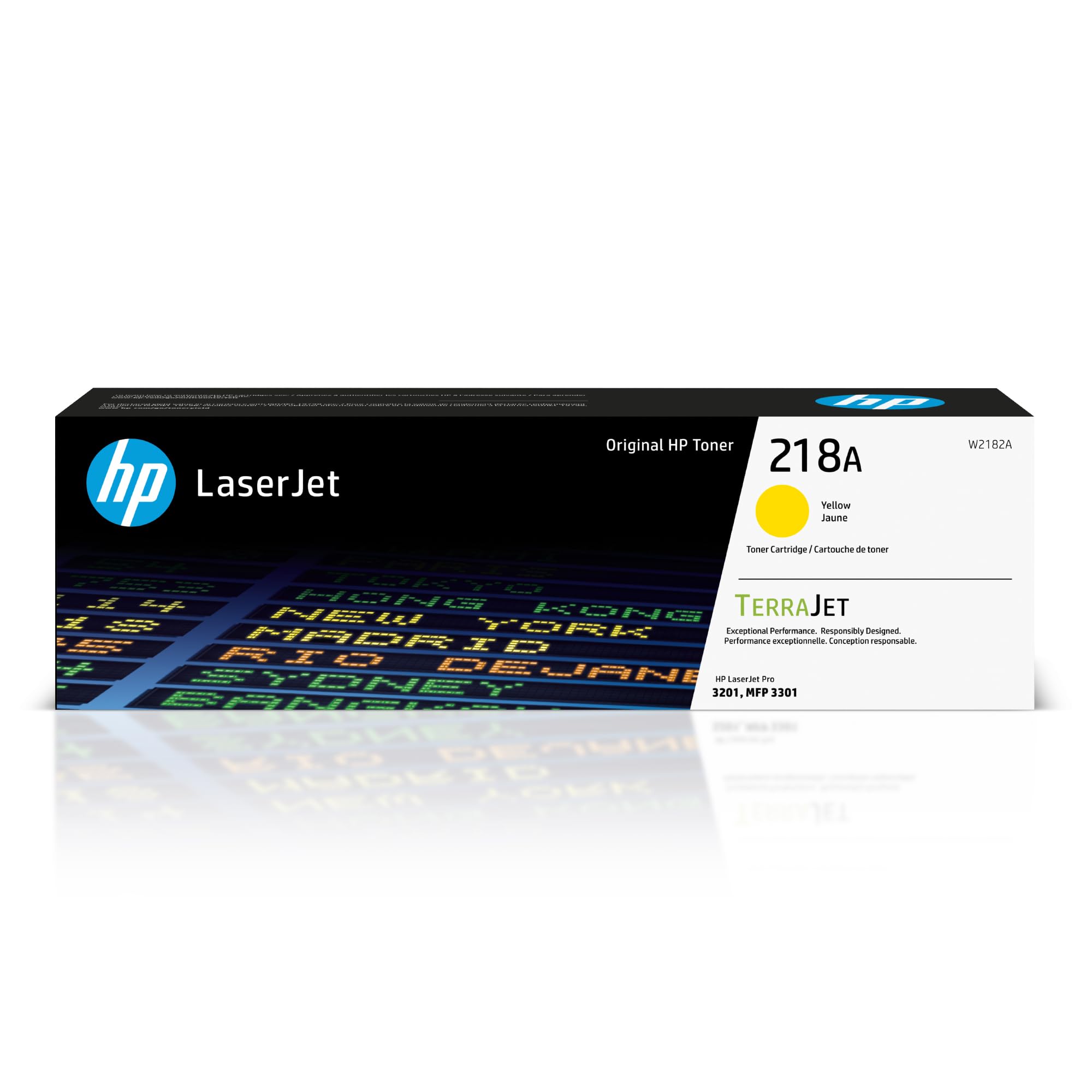 HP 218A yellow front packaging showing product and compatibility benefits