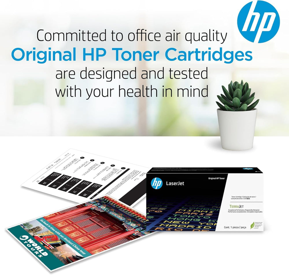 HP cartridge next to A4 sheet showing scale and high-yield capacity benefit