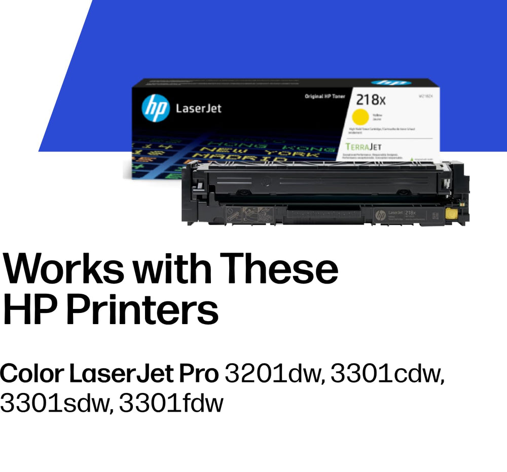 HP 218X yellow cartridge packaging label highlighting compatible models and specs