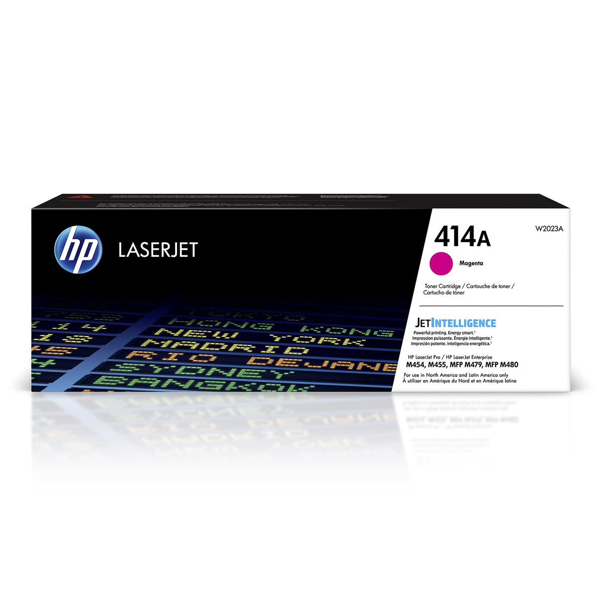 HP 414A magenta front packaging showing product and benefit of genuine compatibility