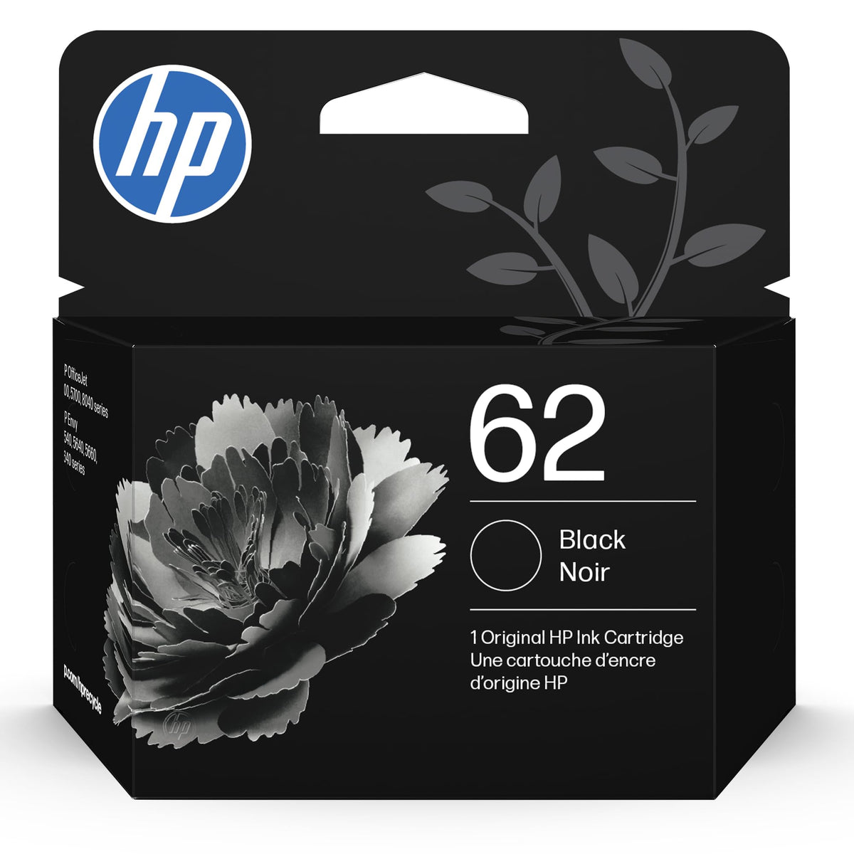HP 62 black cartridge front packaging showing product and model benefits