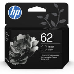 HP 62 black cartridge front packaging showing product and model benefits