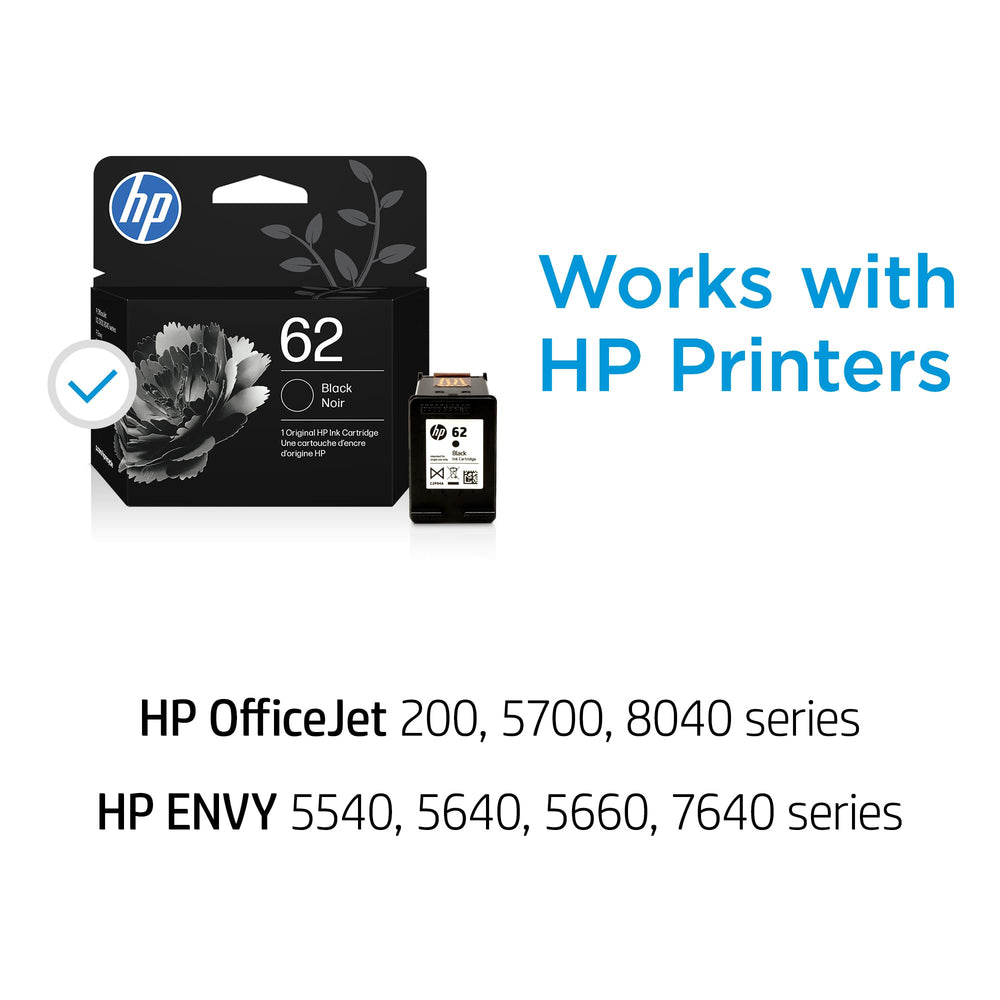 HP 62 black cartridge side chip view showing printer compatibility feature
