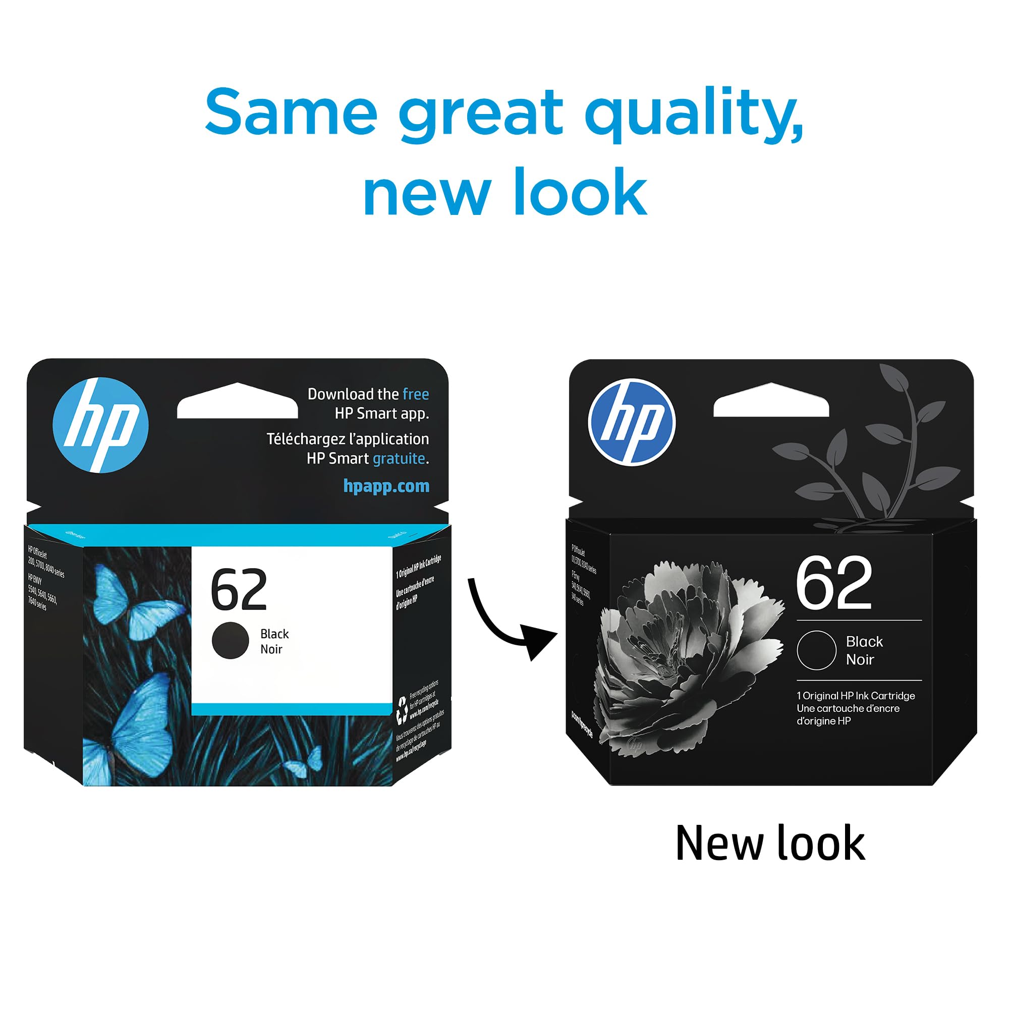 HP 62 black cartridge top label with model C2P04AN for quick identification